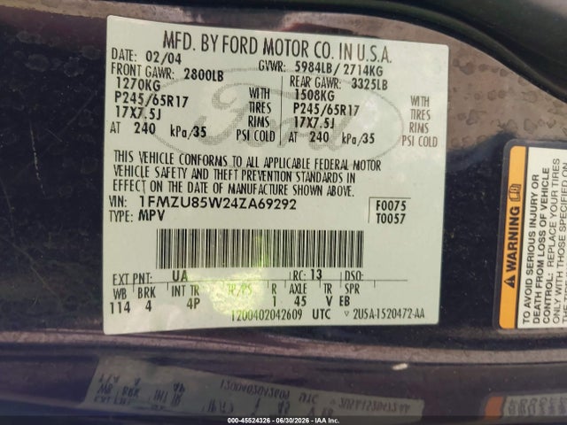 Aukcja sprzedaży 2004 Ford Explorer Limited, vin: 1FMZU85W24ZA69292, numer aukcji: 45524326
