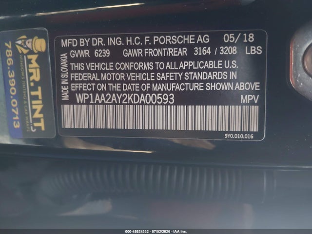 2019 Porsche Cayenne მანქანა იყიდება აუქციონზე, vin: WP1AA2AY2KDA00593, აუქციონის ნომერი: 45524332