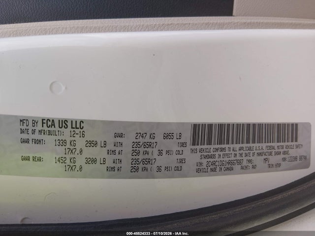 Auction sale of the 2017 Chrysler Pacifica Touring, vin: 2C4RC1DG1HR667687, lot number: 45524333