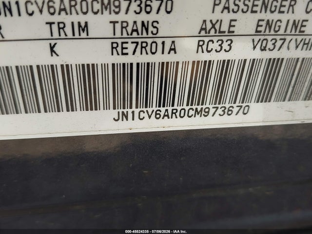 45524335 :رقم المزاد ، JN1CV6AR0CM973670 vin ، 2012 Infiniti G37x مزاد بيع