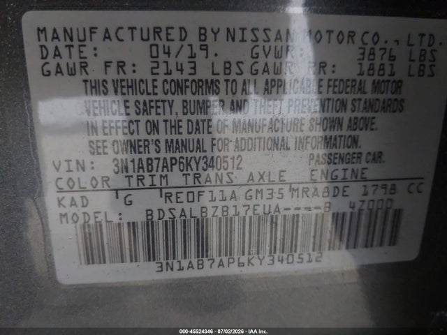 45524346 :رقم المزاد ، 3N1AB7AP6KY340512 vin ، 2019 Nissan Sentra S مزاد بيع