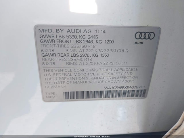 Aukcja sprzedaży 2015 Audi Q5 2.0t Premium, vin: WA1CFAFPXFA078711, numer aukcji: 45524360