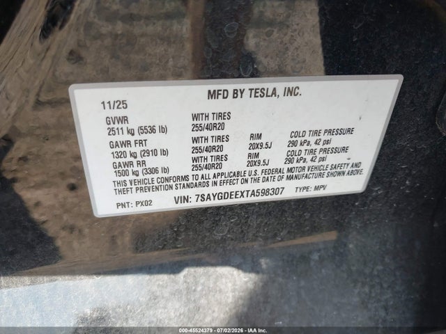 45524379 :رقم المزاد ، 7SAYGDEEXTA598307 vin ، 2026 Tesla Model Y All-wheel Drive/long Range Launch Series/premium All-wheel Drive مزاد بيع