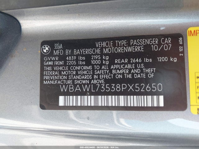 Продаж на аукціоні авто 2008 Bmw 335i, vin: WBAWL73538PX52650, номер лоту: 45524400