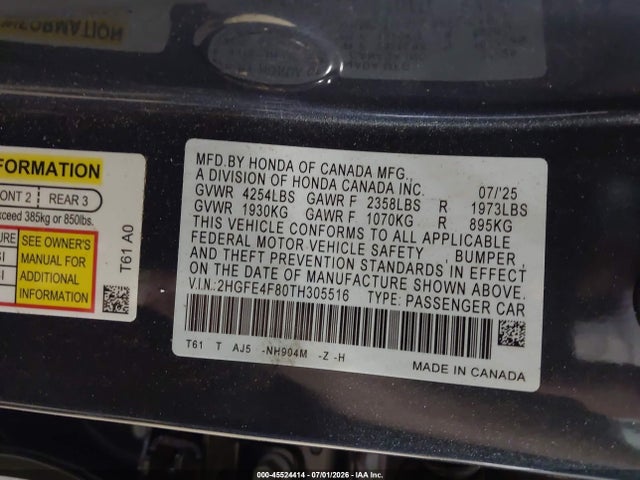 2026 Honda Civic Hybrid Sport/sport Touring მანქანა იყიდება აუქციონზე, vin: 2HGFE4F80TH305516, აუქციონის ნომერი: 45524414