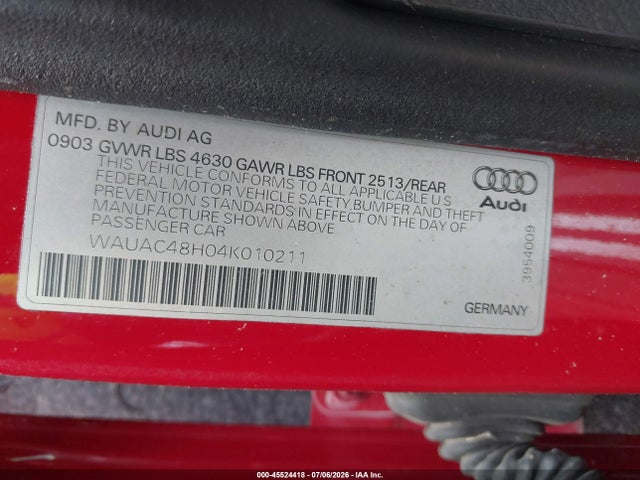 45524418 :رقم المزاد ، WAUAC48H04K010211 vin ، 2004 Audi A4 1.8t مزاد بيع