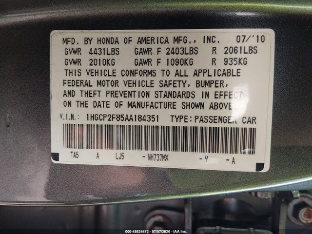 Продаж на аукціоні авто 2010 Honda Accord 2.4 Ex-l, vin: 1HGCP2F85AA184351, номер лоту: 45524472