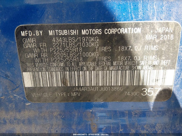 Продаж на аукціоні авто 2018 Mitsubishi Outlander Sport 2.0 Es, vin: JA4AR3AU1JU013860, номер лоту: 45524473