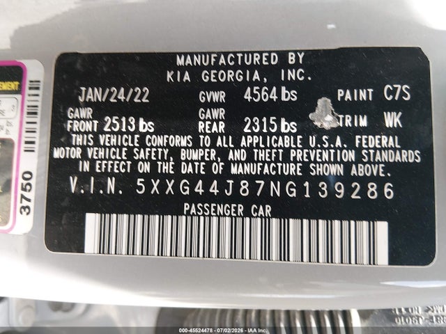 Продажа на аукционе авто 2022 Kia K5 Gt, vin: 5XXG44J87NG139286, номер лота: 45524478