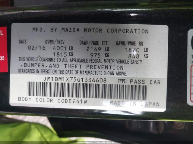 45524490 :رقم المزاد ، JM1BM1X75G1336608 vin ، 2016 Mazda Mazda3 I Grand Touring مزاد بيع