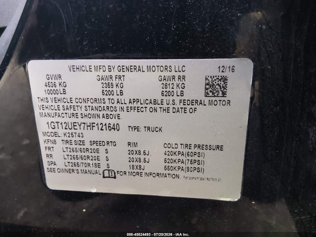 Aukcja sprzedaży 2017 Gmc Sierra 2500hd Denali, vin: 1GT12UEY7HF121640, numer aukcji: 45524493