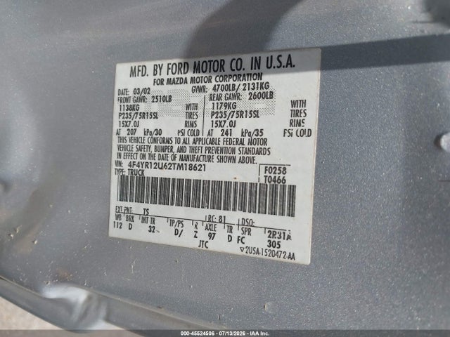 45524506 :رقم المزاد ، 4F4YR12U62TM18621 vin ، 2002 Mazda B3000 Ds مزاد بيع