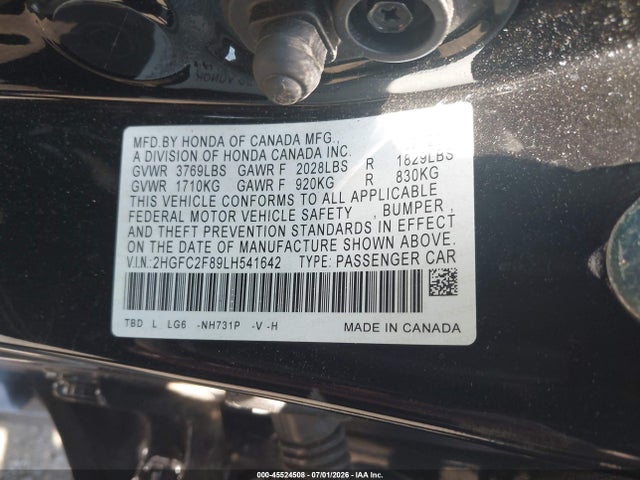 45524508 :رقم المزاد ، 2HGFC2F89LH541642 vin ، 2020 Honda Civic Sport مزاد بيع