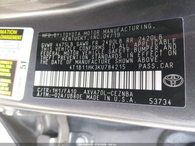 4T1B11HK3KU784215 Toyota CAMRY LE