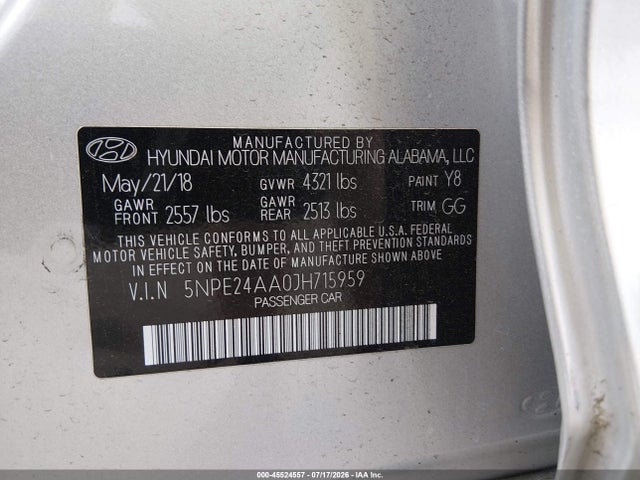 Aukcja sprzedaży 2018 Hyundai Sonata Eco, vin: 5NPE24AA0JH715959, numer aukcji: 45524557