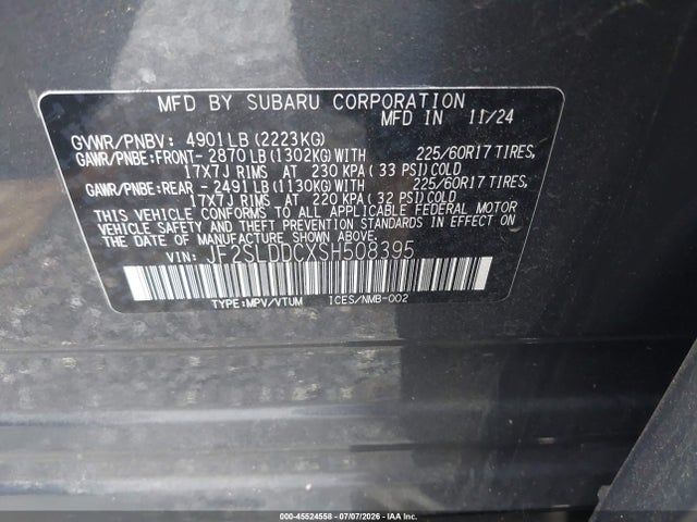 Продажа на аукционе авто 2025 Subaru Forester Premium, vin: JF2SLDDCXSH508395, номер лота: 45524558