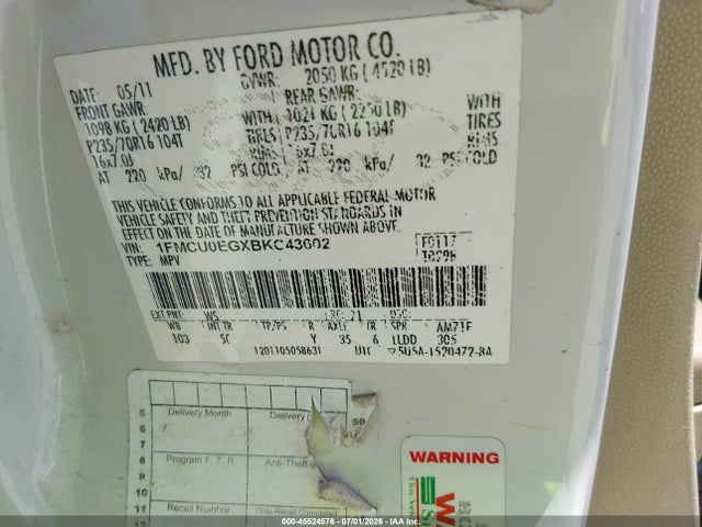 Aukcja sprzedaży 2011 Ford Escape Limited, vin: 1FMCU0EGXBKC43602, numer aukcji: 45524576