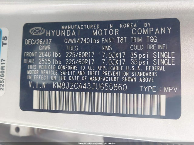 Aukcja sprzedaży 2018 Hyundai Tucson Se, vin: KM8J2CA43JU655860, numer aukcji: 45524589