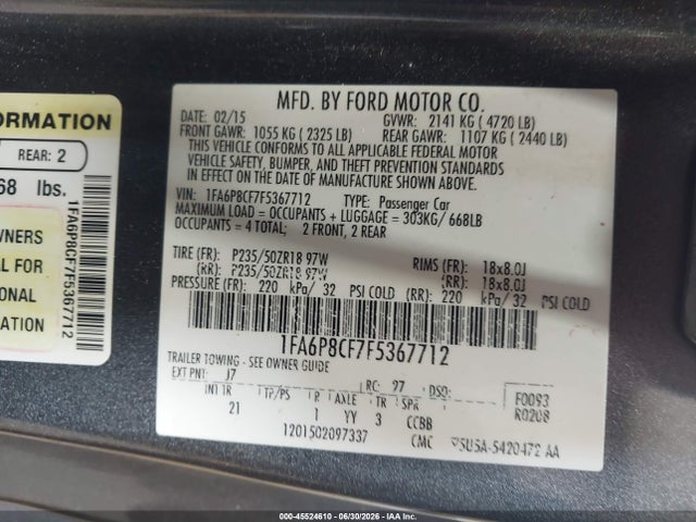 45524610 :رقم المزاد ، 1FA6P8CF7F5367712 vin ، 2015 Ford Mustang Gt/gt Premium مزاد بيع