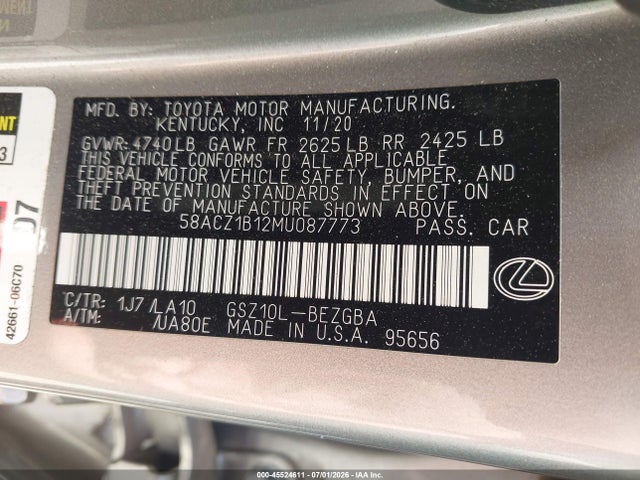 Aukcja sprzedaży 2021 Lexus Es 350, vin: 58ACZ1B12MU087773, numer aukcji: 45524611
