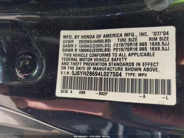 2004 Honda Element Ex მანქანა იყიდება აუქციონზე, vin: 5J6YH28694L027504, აუქციონის ნომერი: 45524621