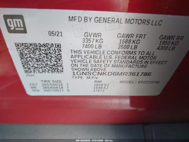 45524630 :رقم المزاد ، 1GNSCNKD6MR361786 vin ، 2021 Chevrolet Tahoe 2wd Lt مزاد بيع