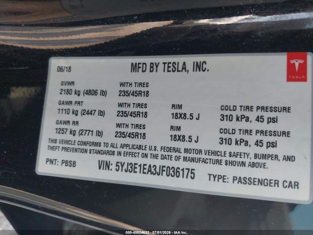 45524632 :رقم المزاد ، 5YJ3E1EA3JF036175 vin ، 2018 Tesla Model 3 Long Range/mid Range مزاد بيع