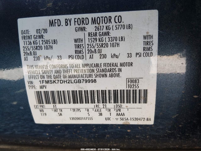 Ford EXPLORER XLT 2020 1FMSK7DH2LGB79998 Image 9