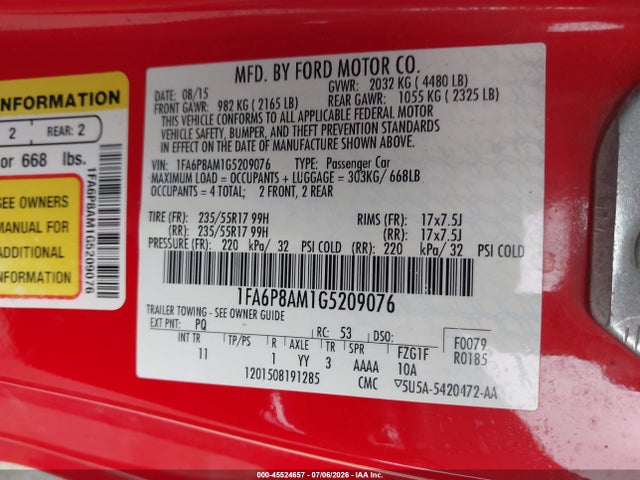45524657 :رقم المزاد ، 1FA6P8AM1G5209076 vin ، 2016 Ford Mustang V6 مزاد بيع