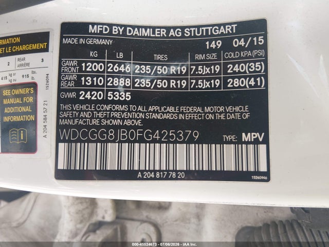 45524673 :رقم المزاد ، WDCGG8JB0FG425379 vin ، 2015 Mercedes-benz Glk 350 4matic مزاد بيع