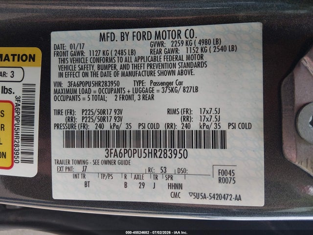 Auction sale of the 2017 Ford Fusion Energi Se Luxury, vin: 3FA6P0PU5HR283950, lot number: 45524682
