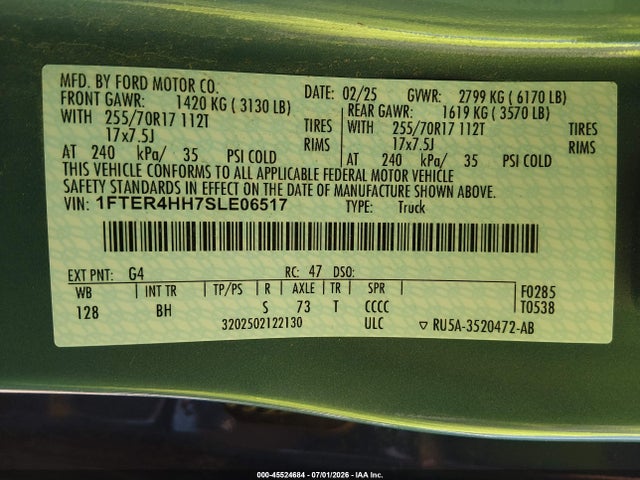 45524684 :رقم المزاد ، 1FTER4HH7SLE06517 vin ، 2025 Ford Ranger Xlt مزاد بيع