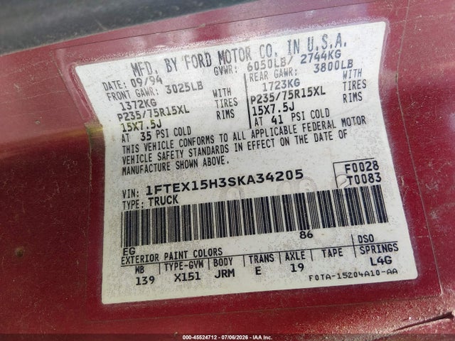 45524712 :رقم المزاد ، 1FTEX15H3SKA34205 vin ، 1995 Ford F150 مزاد بيع