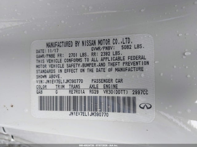 45524726 :رقم المزاد ، JN1EV7EL1JM390770 vin ، 2018 Infiniti Q60 3.0t Luxe مزاد بيع