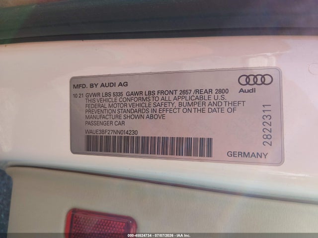 Aukcja sprzedaży 2022 Audi A6 Premium Plus 45 Tfsi Quattro S Tronic, vin: WAUE3BF27NN014230, numer aukcji: 45524734