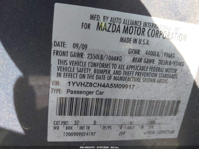 Aukcja sprzedaży 2010 Mazda Mazda6 I Touring Plus, vin: 1YVHZ8CH4A5M09917, numer aukcji: 45524757