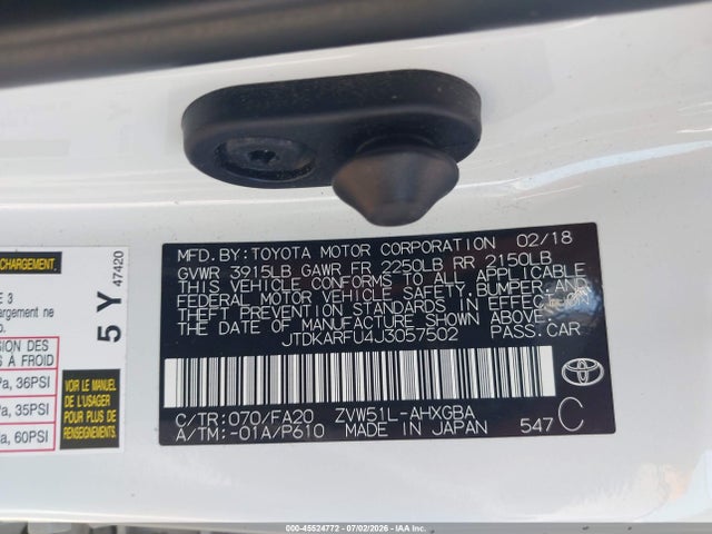 2018 Toyota Prius Three მანქანა იყიდება აუქციონზე, vin: JTDKARFU4J3057502, აუქციონის ნომერი: 45524772