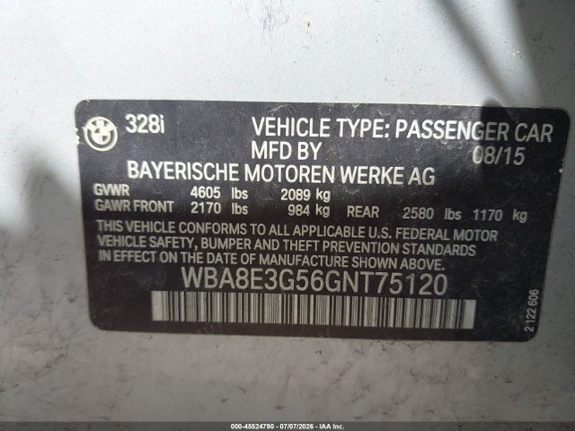 Aukcja sprzedaży 2016 Bmw 328i Xdrive, vin: WBA8E3G56GNT75120, numer aukcji: 45524790