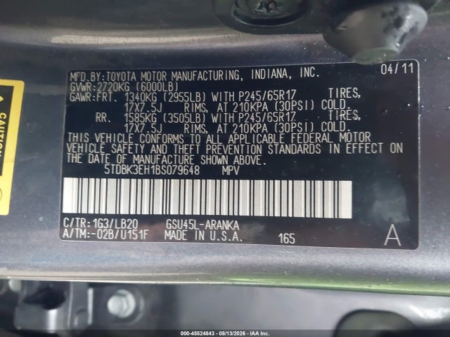 45524843 :رقم المزاد ، 5TDBK3EH1BS079648 vin ، 2011 Toyota Highlander Se V6 مزاد بيع