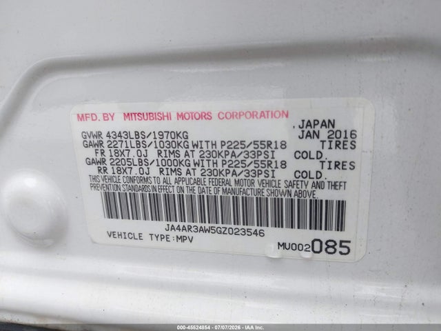 Aukcja sprzedaży 2016 Mitsubishi Outlander Sport 2.4 Es, vin: JA4AR3AW5GZ023546, numer aukcji: 45524854