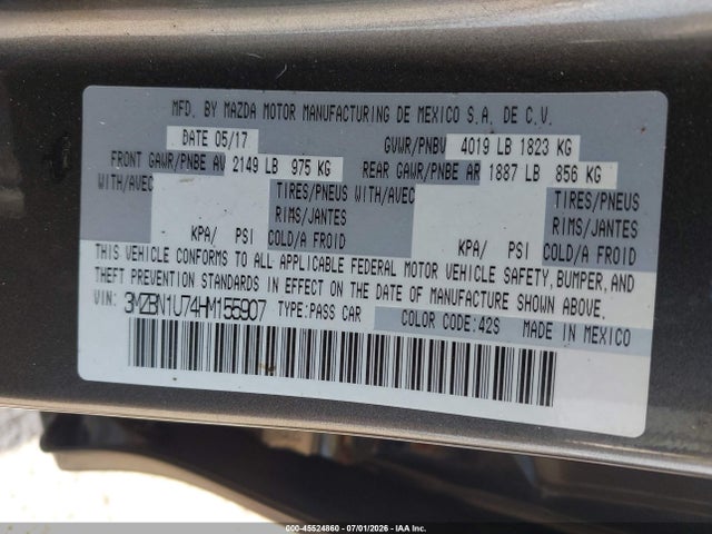 45524860 :رقم المزاد ، 3MZBN1U74HM155907 vin ، 2017 Mazda Mazda3 Sport مزاد بيع