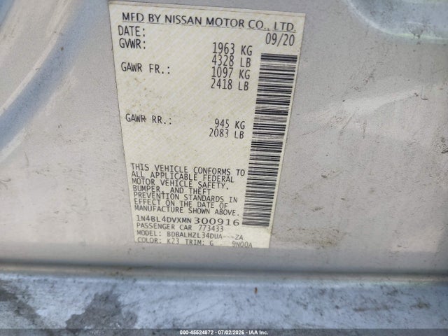 2021 Nissan Altima Sv Fwd მანქანა იყიდება აუქციონზე, vin: 1N4BL4DVXMN300916, აუქციონის ნომერი: 45524872