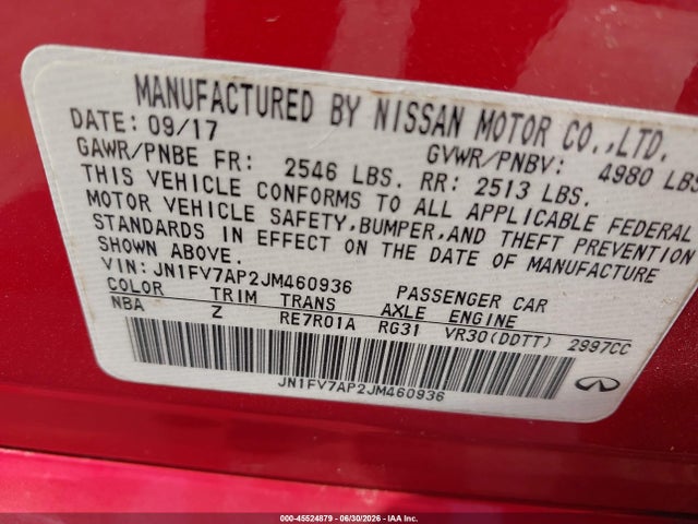 Aukcja sprzedaży 2018 Infiniti Q50 3.0t Red Sport 400, vin: JN1FV7AP2JM460936, numer aukcji: 45524879