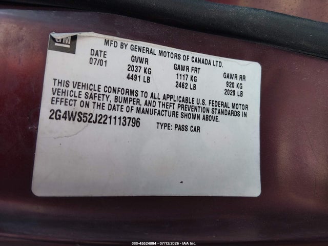 Aukcja sprzedaży 2002 Buick Century Custom, vin: 2G4WS52J221113796, numer aukcji: 45524884