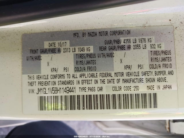 Продажа на аукционе авто 2017 Mazda Mazda6 Touring, vin: JM1GL1V58H1149441, номер лота: 45524925