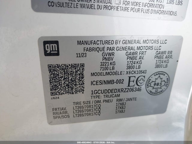 Aukcja sprzedaży 2024 Chevrolet Silverado 1500 Lt, vin: 1GCUDDEDXRZ206346, numer aukcji: 45524943