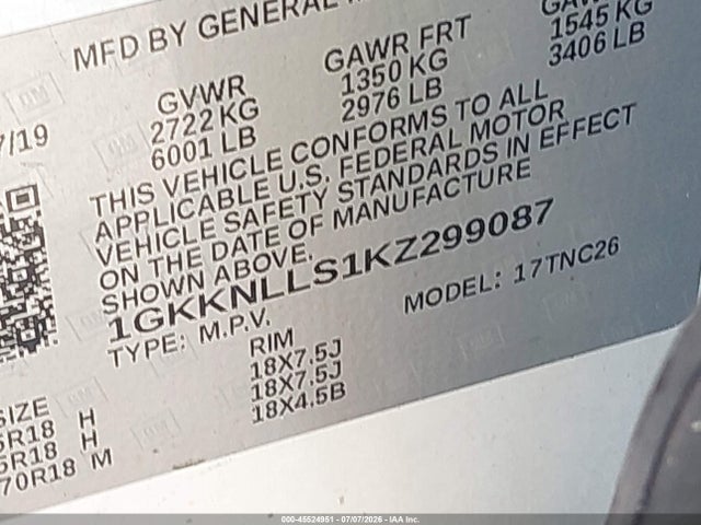 Продаж на аукціоні авто 2019 Gmc Acadia Sle-2, vin: 1GKKNLLS1KZ299087, номер лоту: 45524951