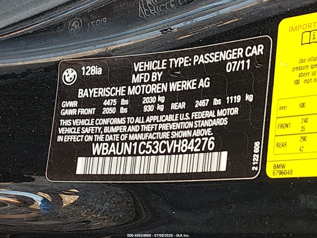 Aukcja sprzedaży 2012 Bmw 128i, vin: WBAUN1C53CVH84276, numer aukcji: 45524960