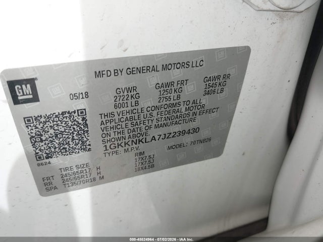 Aukcja sprzedaży 2018 Gmc Acadia Sle-1, vin: 1GKKNKLA7JZ239430, numer aukcji: 45524964