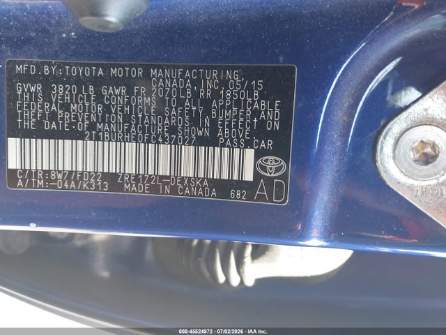 45524972 :رقم المزاد ، 2T1BURHE0FC437027 vin ، 2015 Toyota Corolla S مزاد بيع
